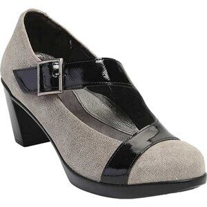 Naot Brava Suede Mary Jane Heel Pumps Beige Black Patent Size 36 US 5 NEW